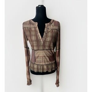 Free People Brown Plaid Mesh V Neck Long Sleeve Medium Tee Lettuce Edge
